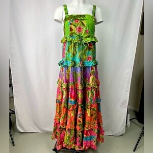 NWT Farm Rio colorful & stunning Tropical Tiered Maxi Dress, Size Small